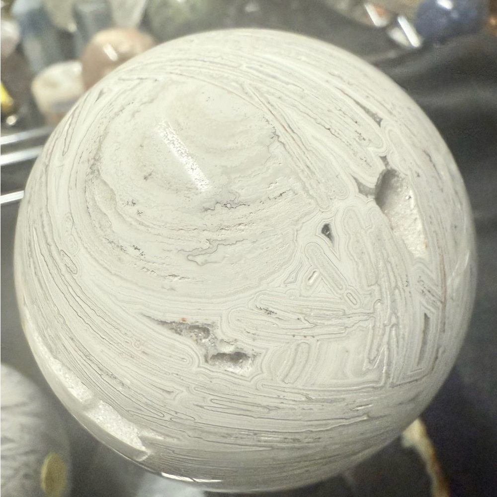 Mexican Snow White agate 66mm sphere with beautiful druzys